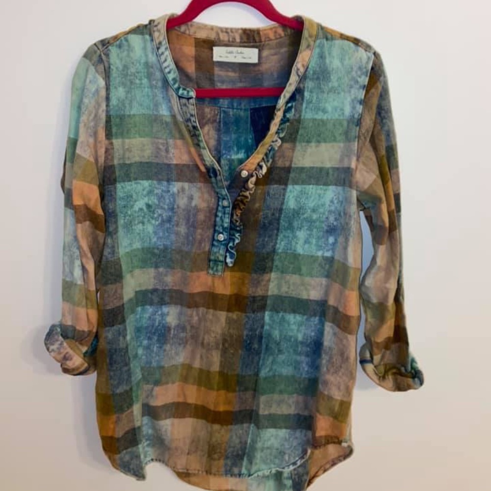 Watercolor plaid flannel shirt with ruffle front from Anthropologie